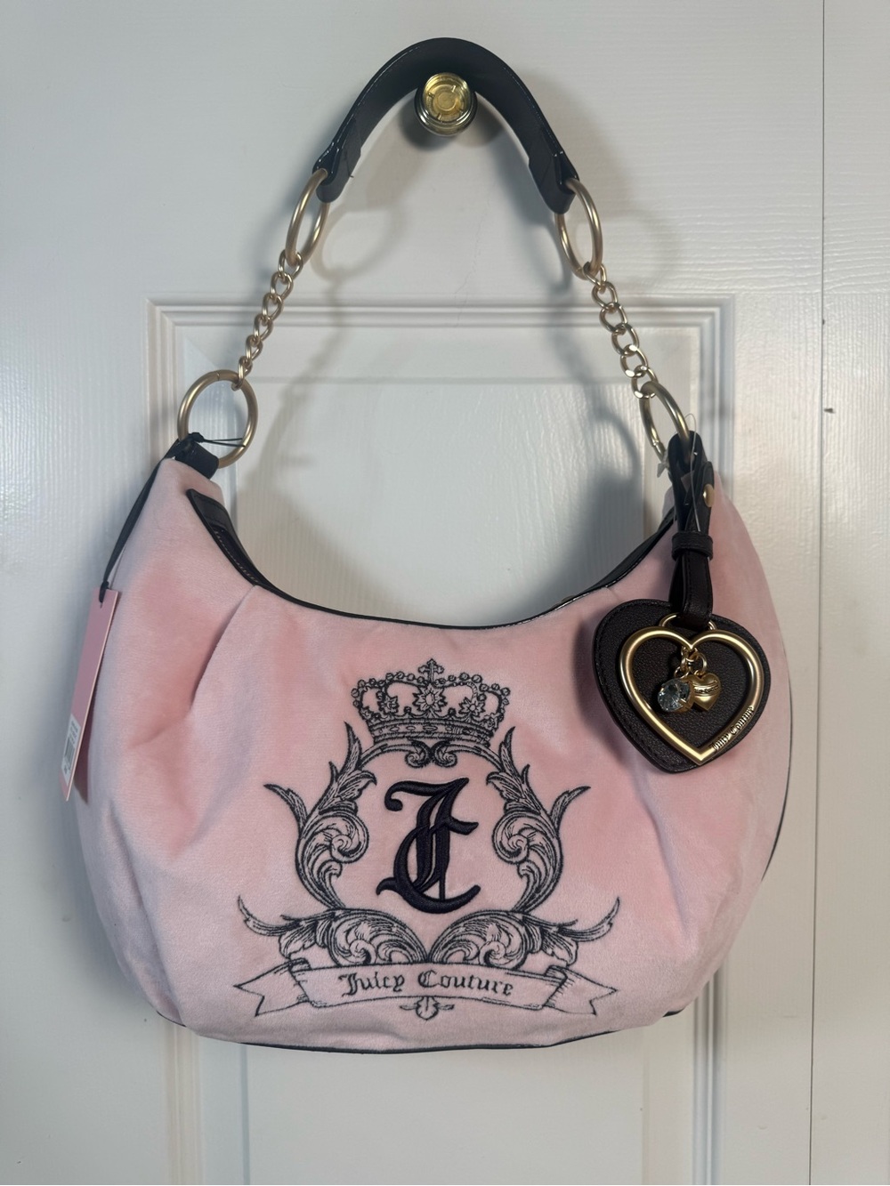 NWT Juicy Couture Pink Velour Crest Hobo Shoulder Bag Heart Charm Y2K